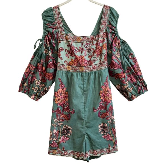 NWT Farm Rio Anthropologie Puff-Sleeve Square-Neck Romper Green S Floral Boho - Picture 8 of 15